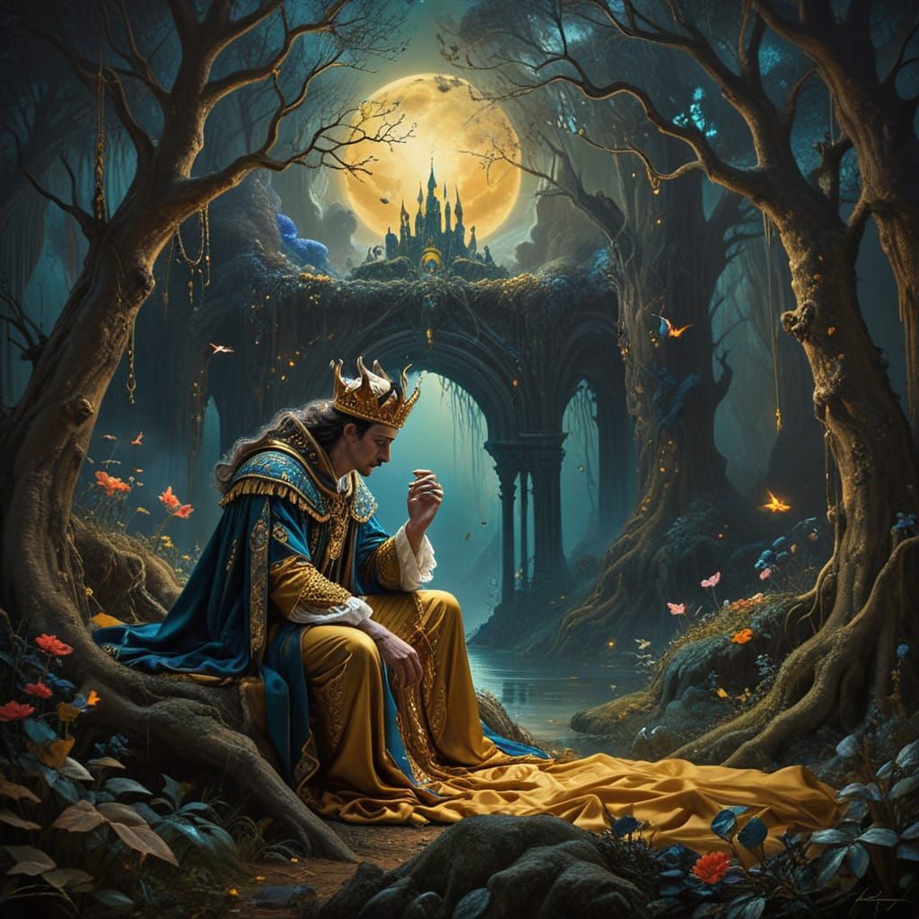 Regal Beast Kneels Before Sleeping Beauty in Surrealist Drea...