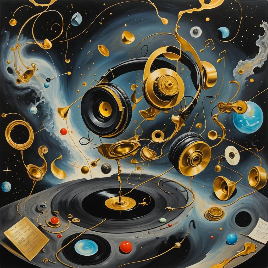 Surreal Space Scene with Musical Elements as Oil Painting