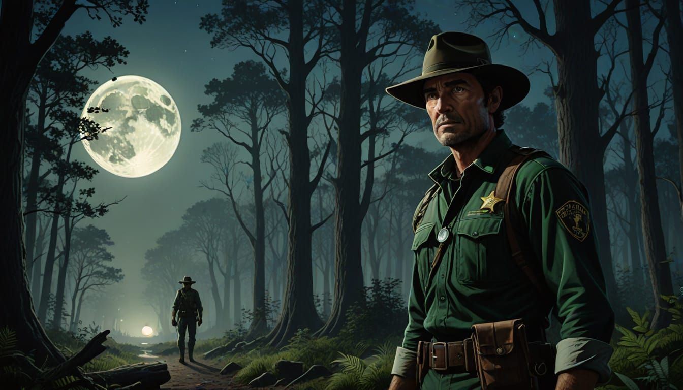 Mystical Forest Scene with Worried Park Ranger