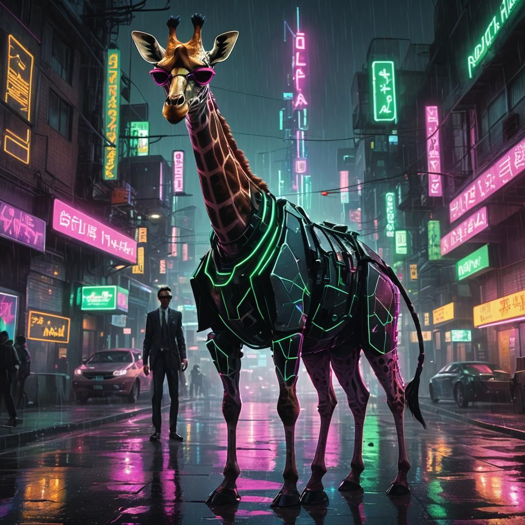 Cyberpunk Giraffe in Black Suit with Sunglasses and Futurist...