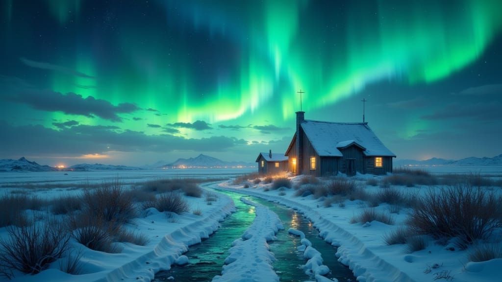 Vast Arctic Village Under Ethereal Northern Lights
