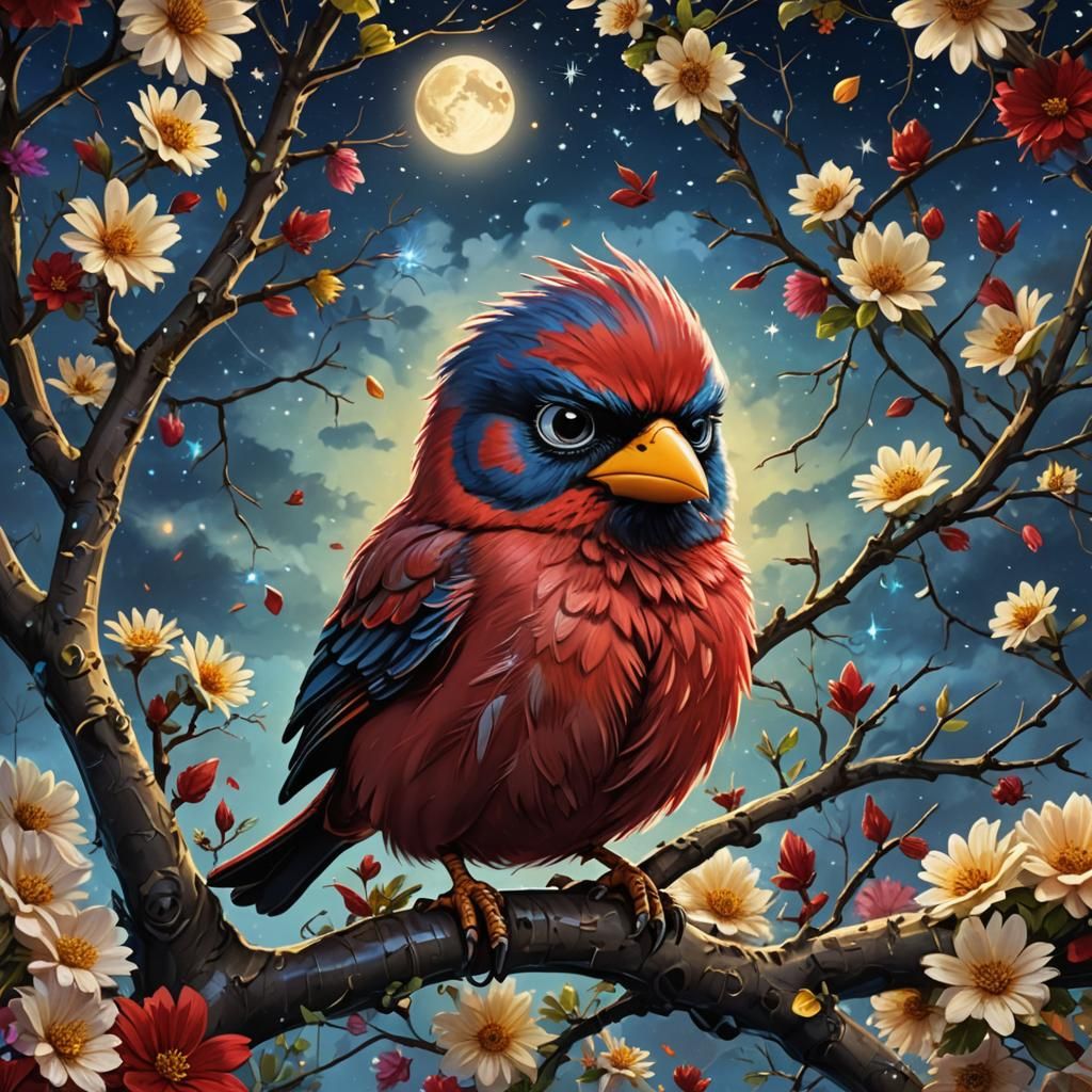 Fluffy Red Canary Angry Bird in Starry Scene