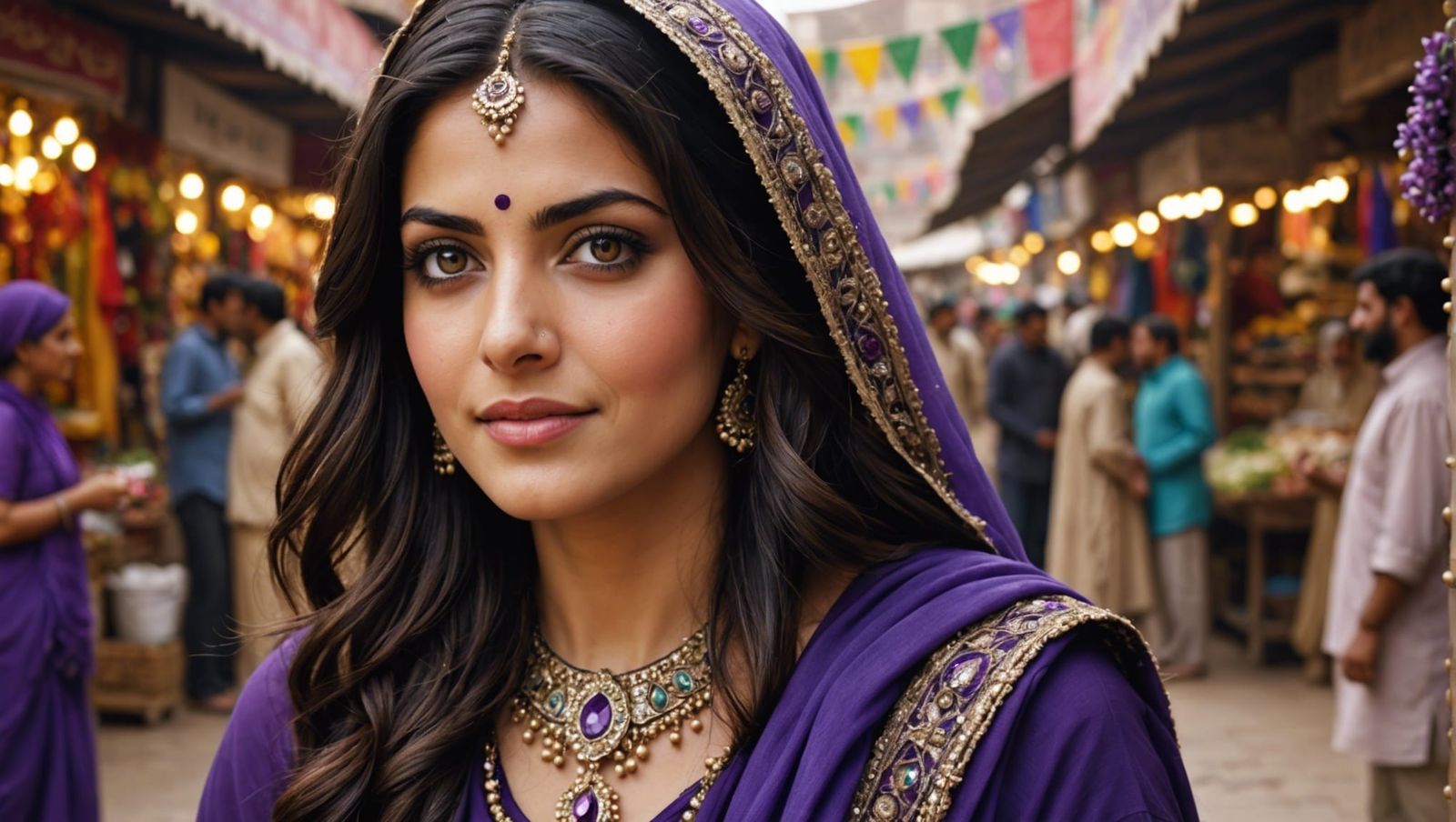 Happy Pashto Woman in Traditional Market, Hyperrealistic