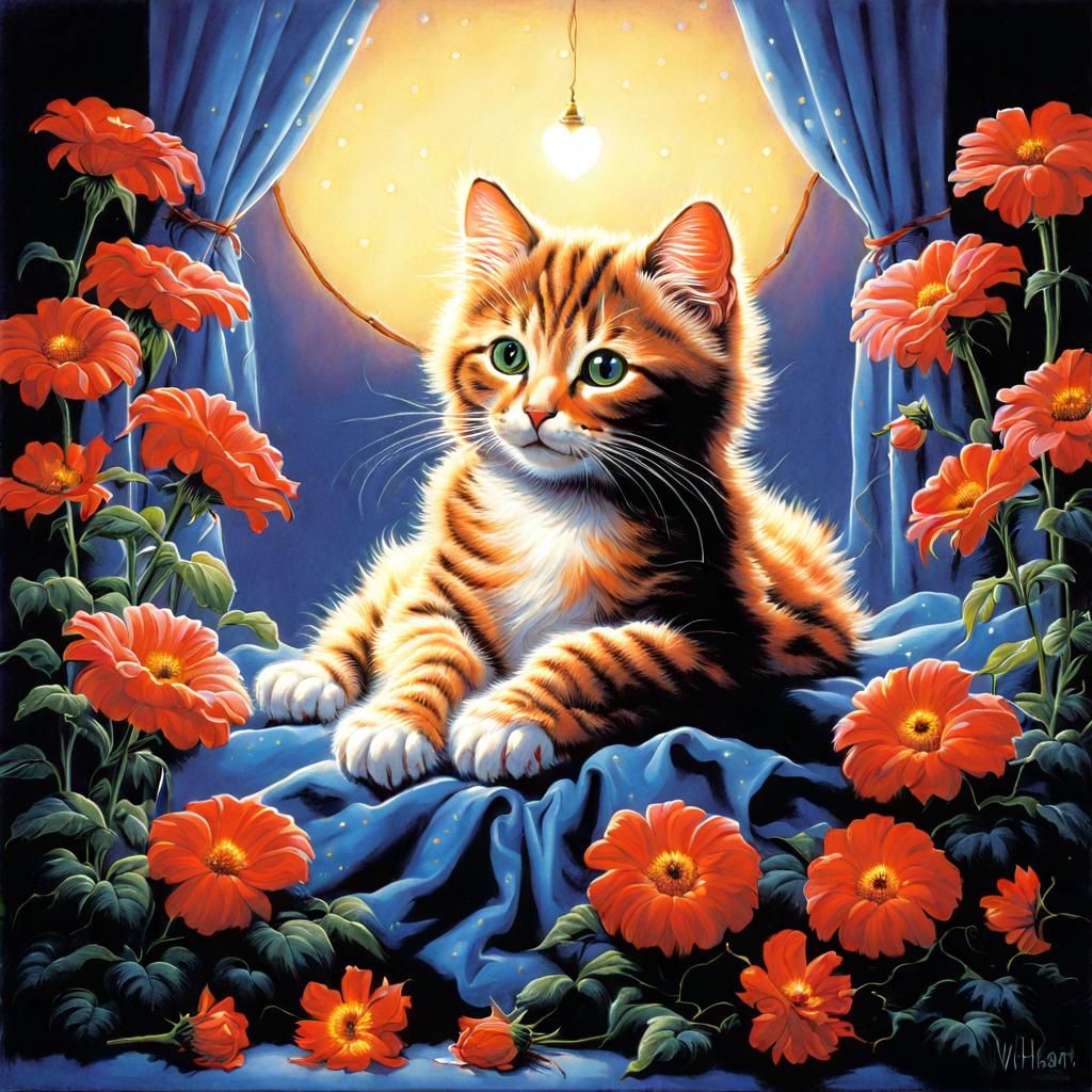 Cute Cat Surrounded by Flowers, Detailed Illustration