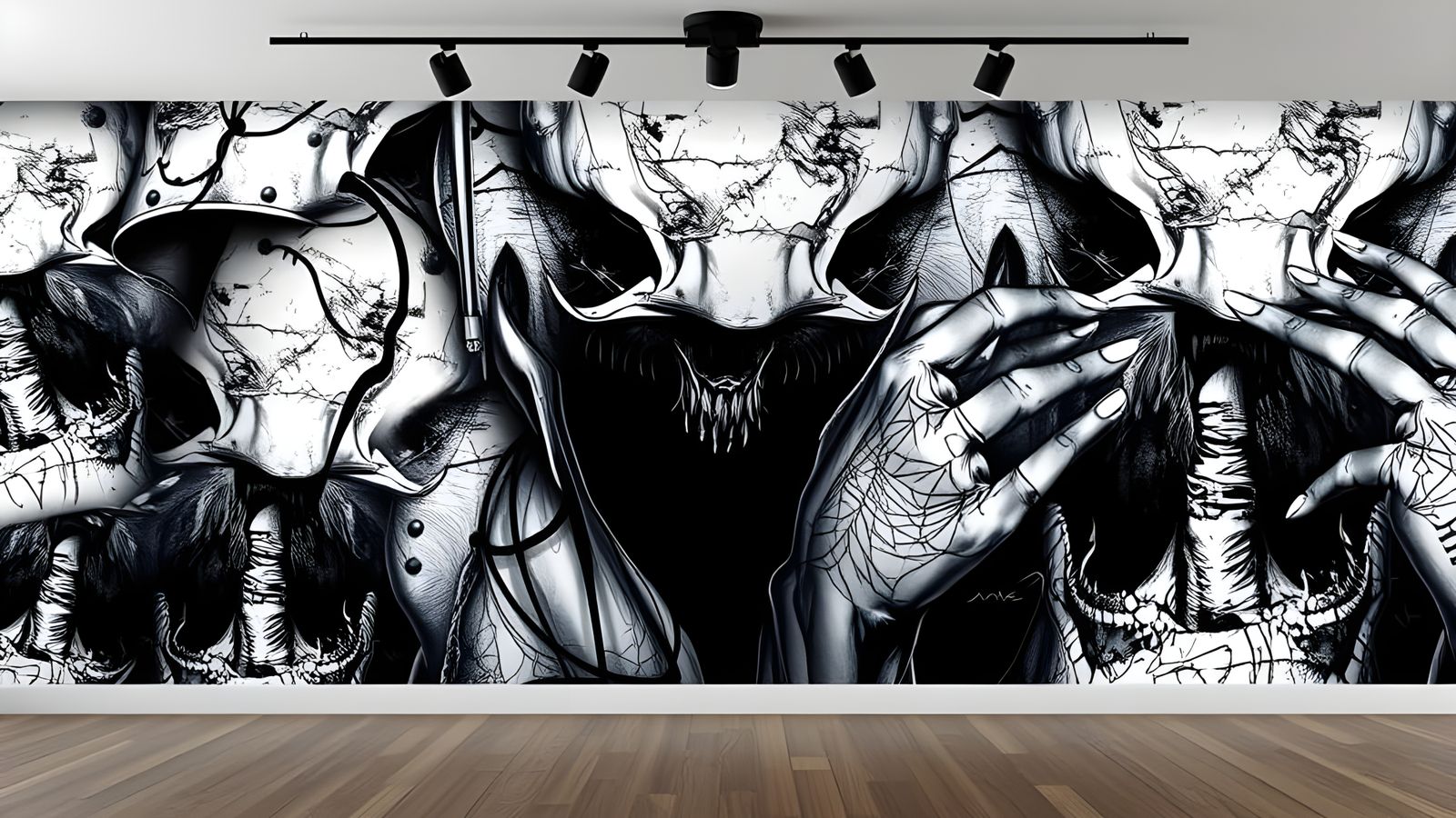 A  Black And White Wall Mural Of Horror Art In The Style Of ...