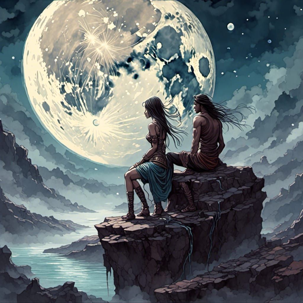 Fantasy Art: Couple Gazing at the Moon
