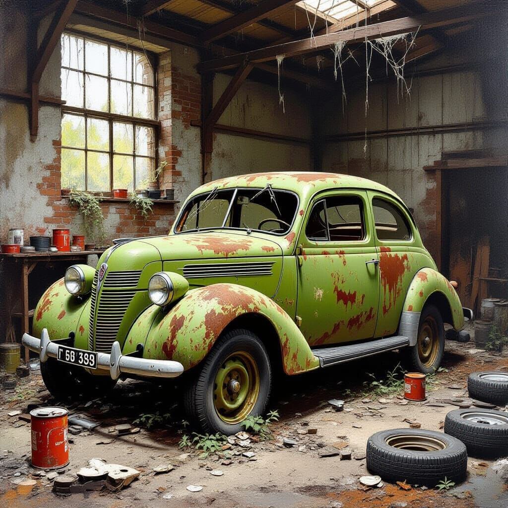Rusty Fiat 1100 Abandoned in Workshop as Oil Painting