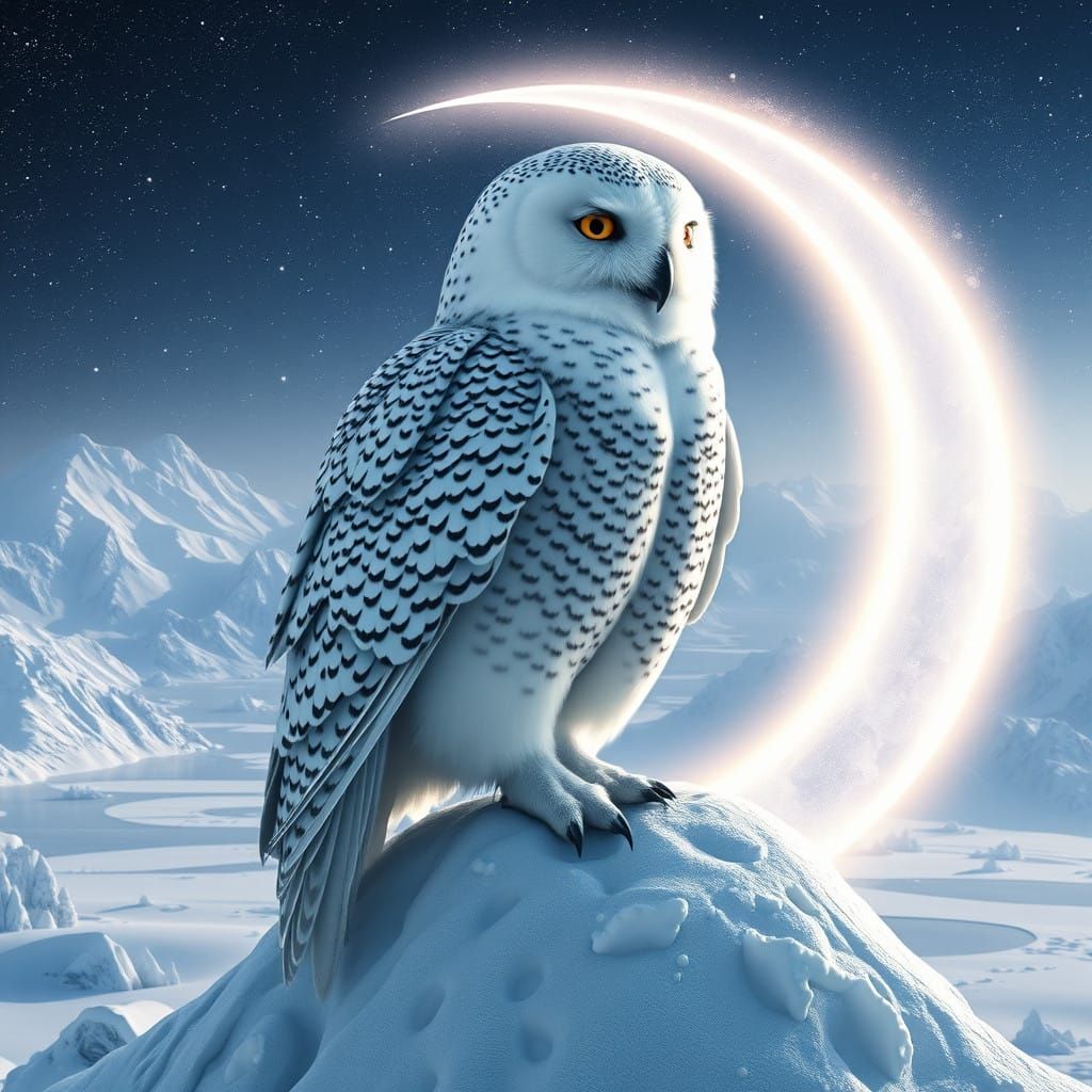 Regal Snowy Owl Amidst Starry Mountainscape