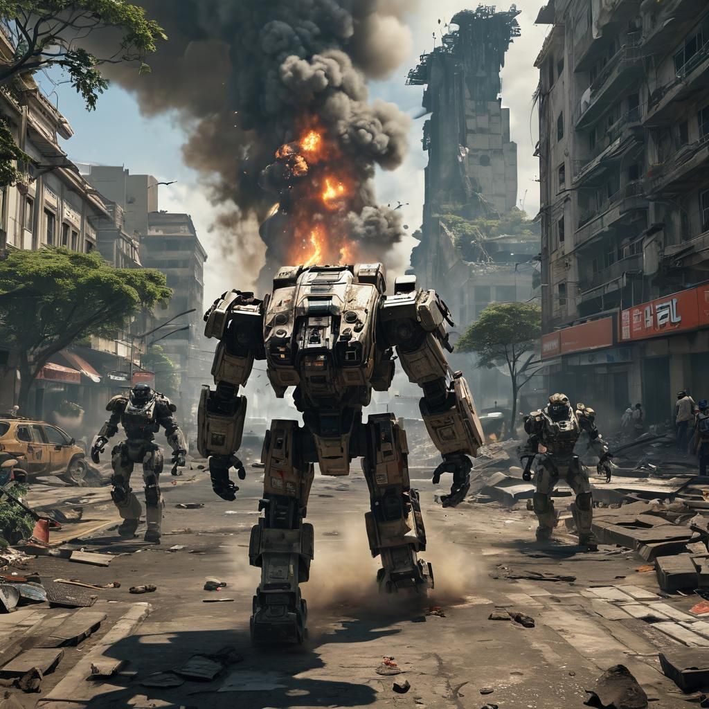 Titan Mechs Clash in Futuristic Cityscape