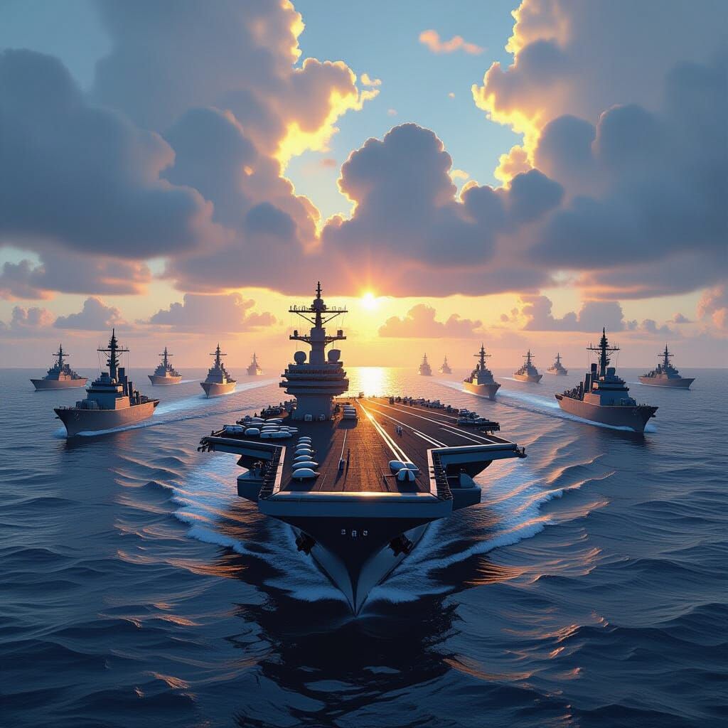 Dramatic Aircraft Carrier Fleet in Retro-Futuristic Style