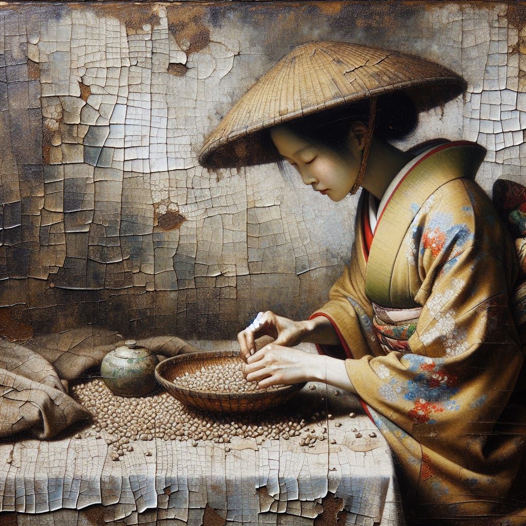 Onna-bugeisha Shelling Beans as Oil Painting