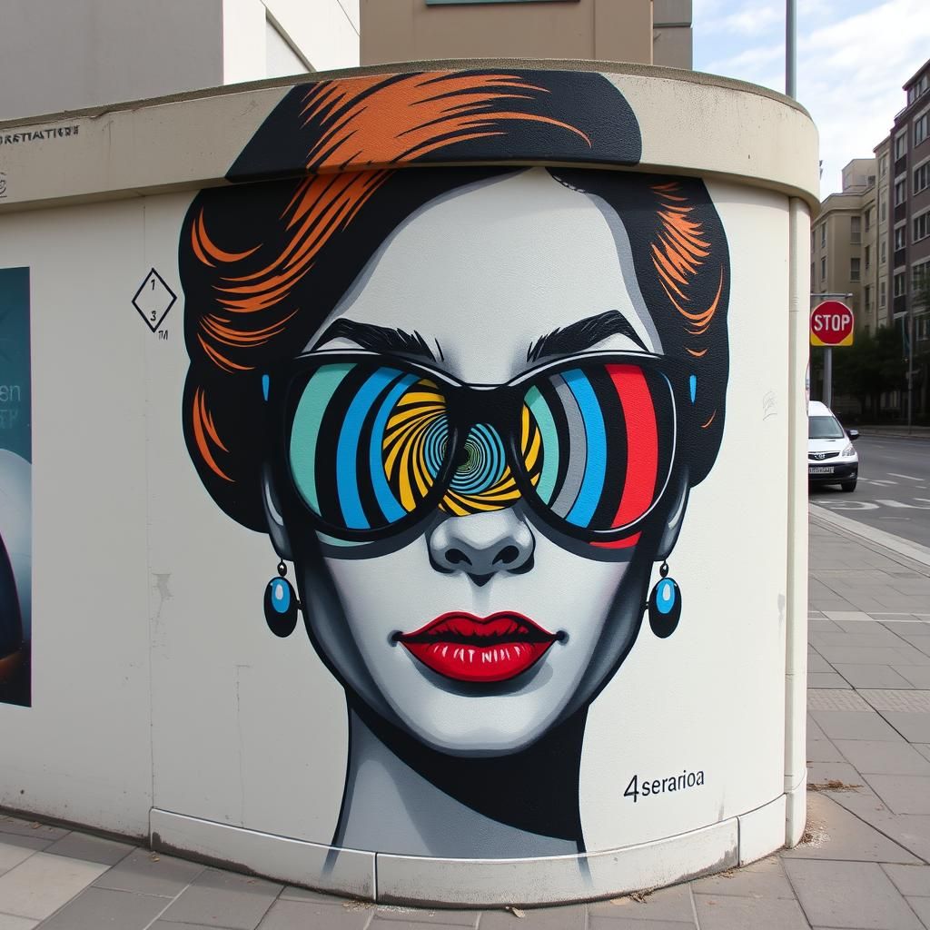 Optical Illusion Street Art: Woman with Spiral Glasses
