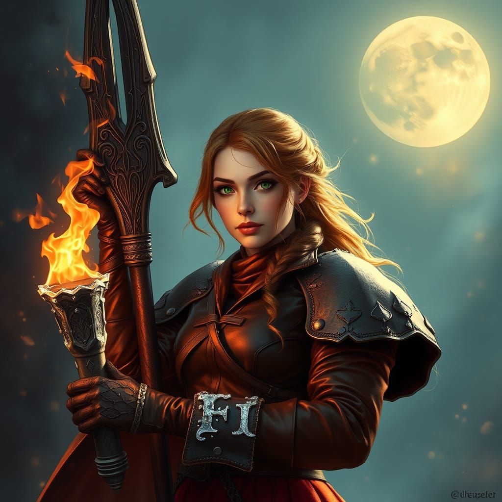 Fiery Redhead Blacksmith Enveloped in Flames, Under the Moon...