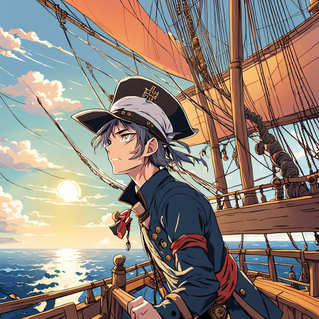 Excited Young Deckhand on Ship, Anime Style