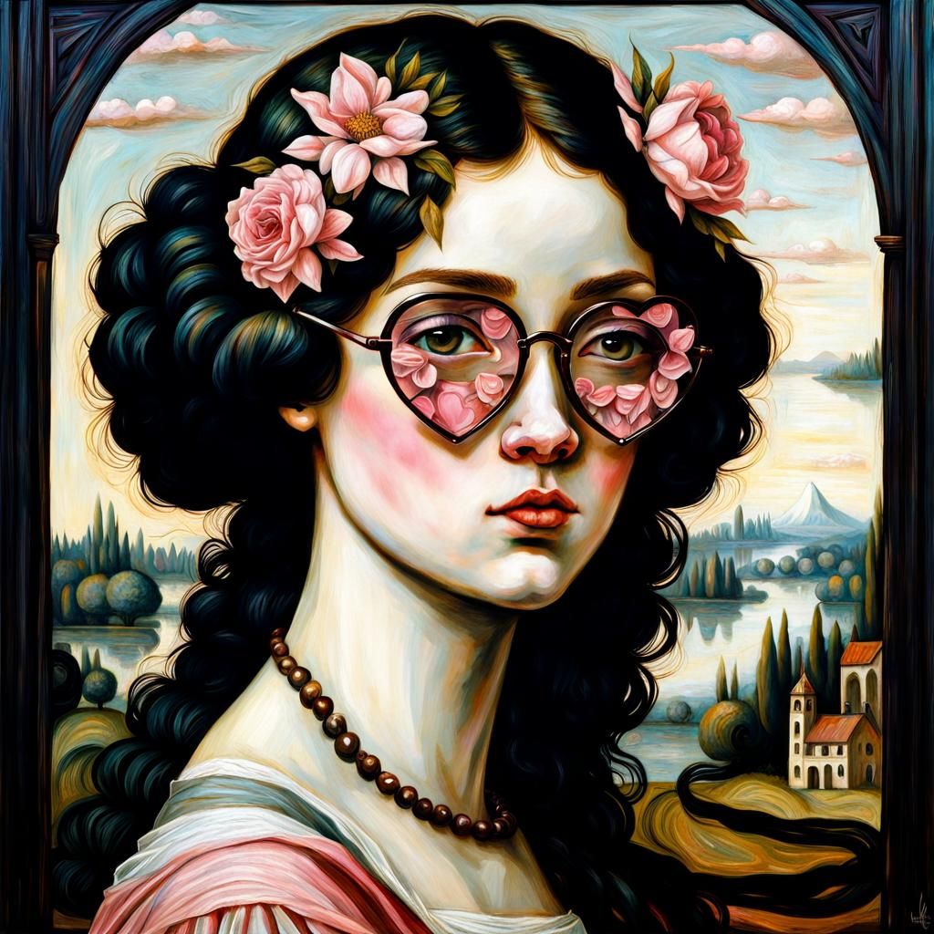 Emo Girl with Heart Glasses: Klimt-Inspired Portrait