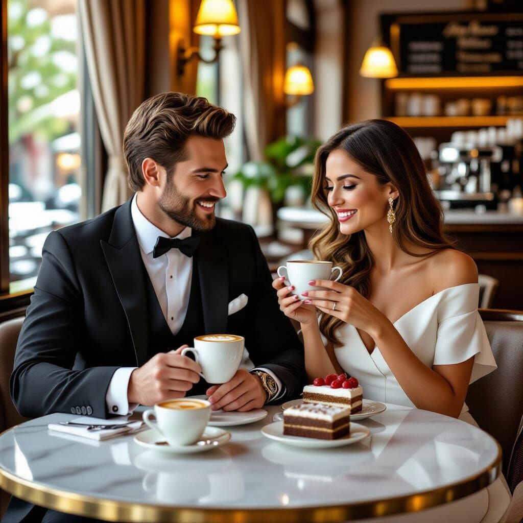 Glamorous Couple Enjoys Coffee and Desserts in Elegant Cafe