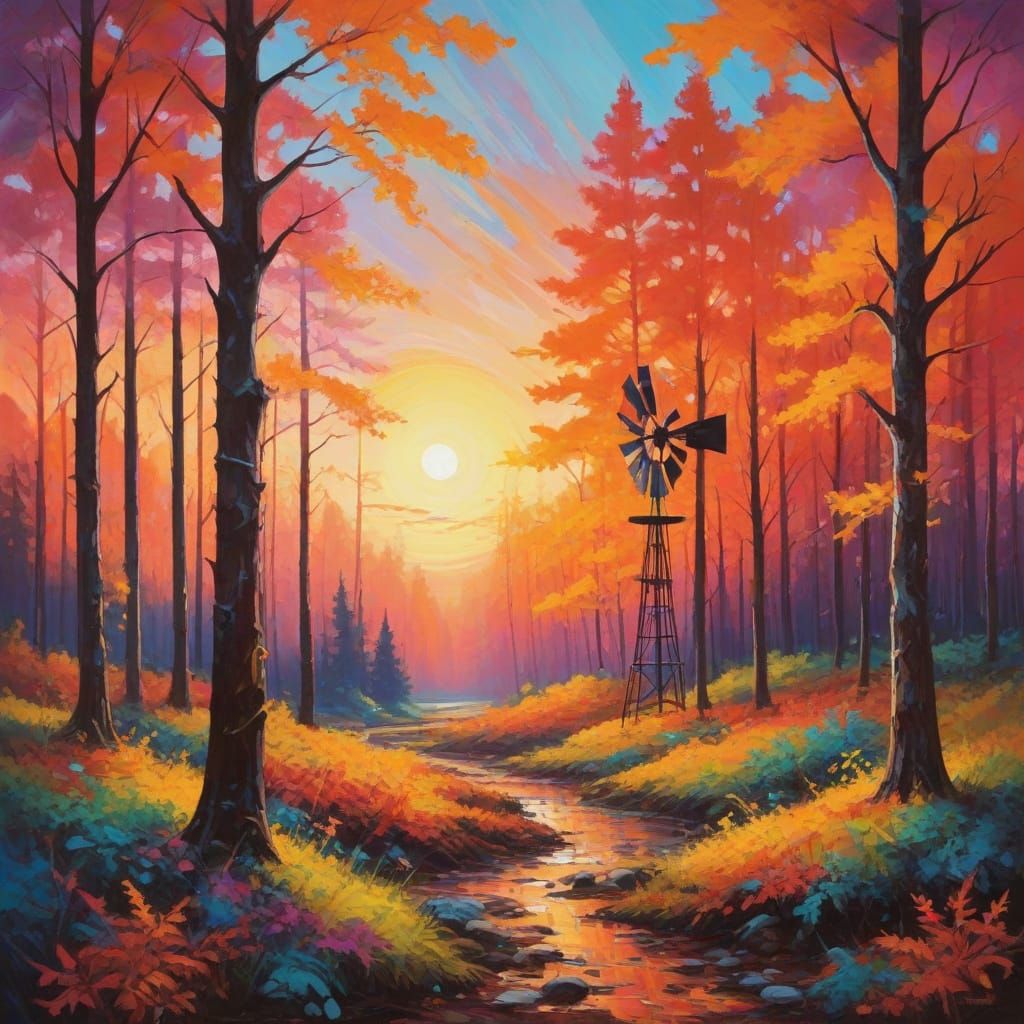 Surreal Autumn Panorama with Windmill at Sunset