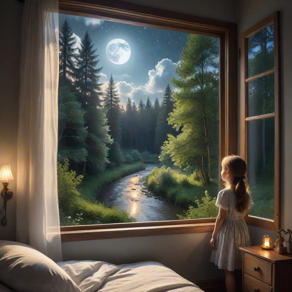 Serene Girl Looks Out at a Dreamy Moonlit Forest Scene