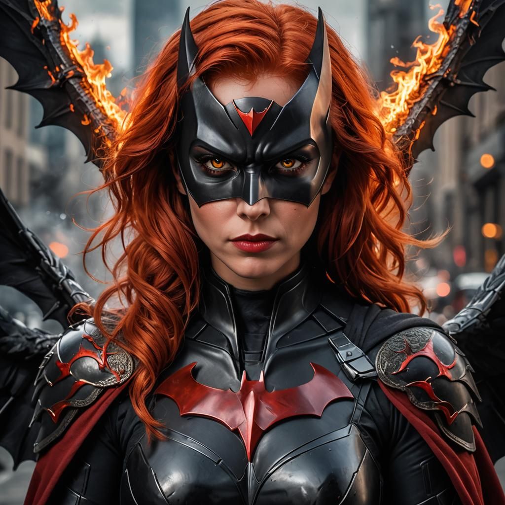 Hyperrealistic Batwoman Portrait with Flaming Wings