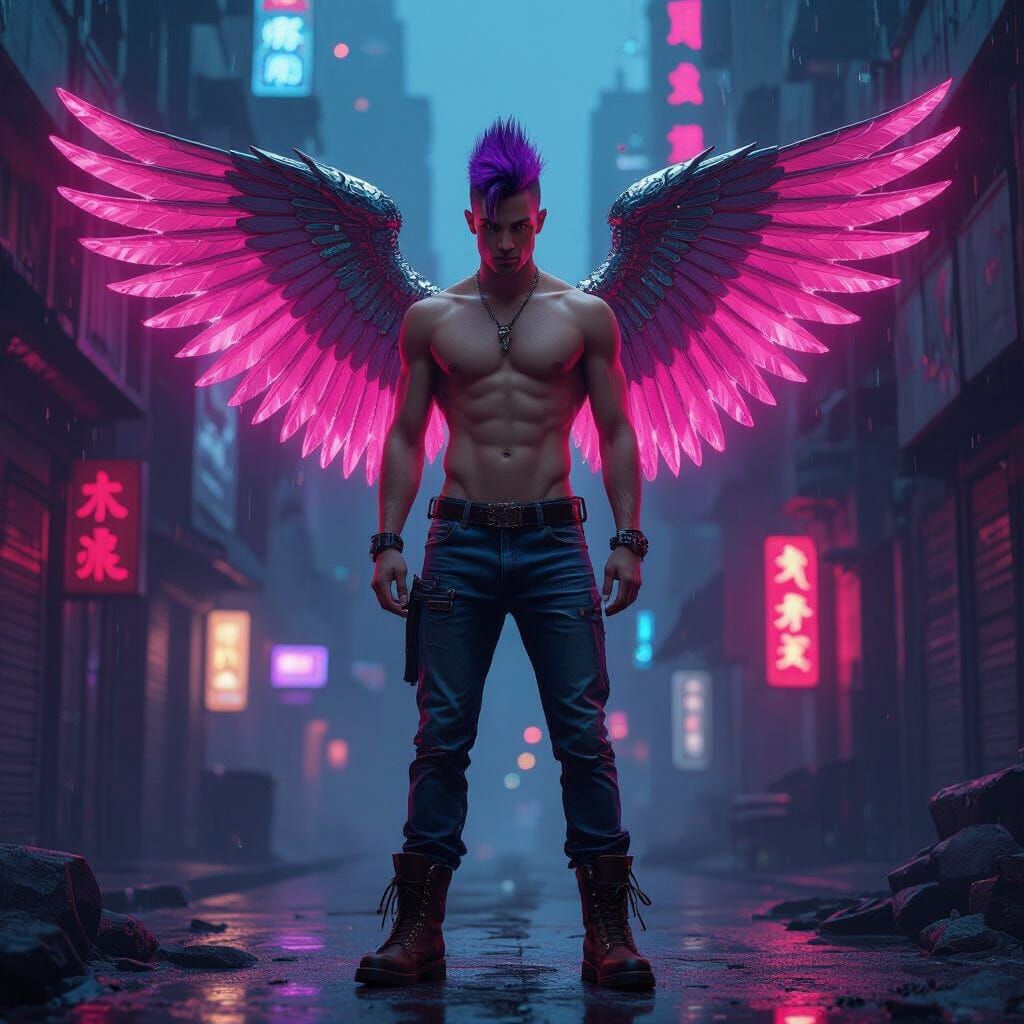 Cyberpunk Angel in Neon Cityscape