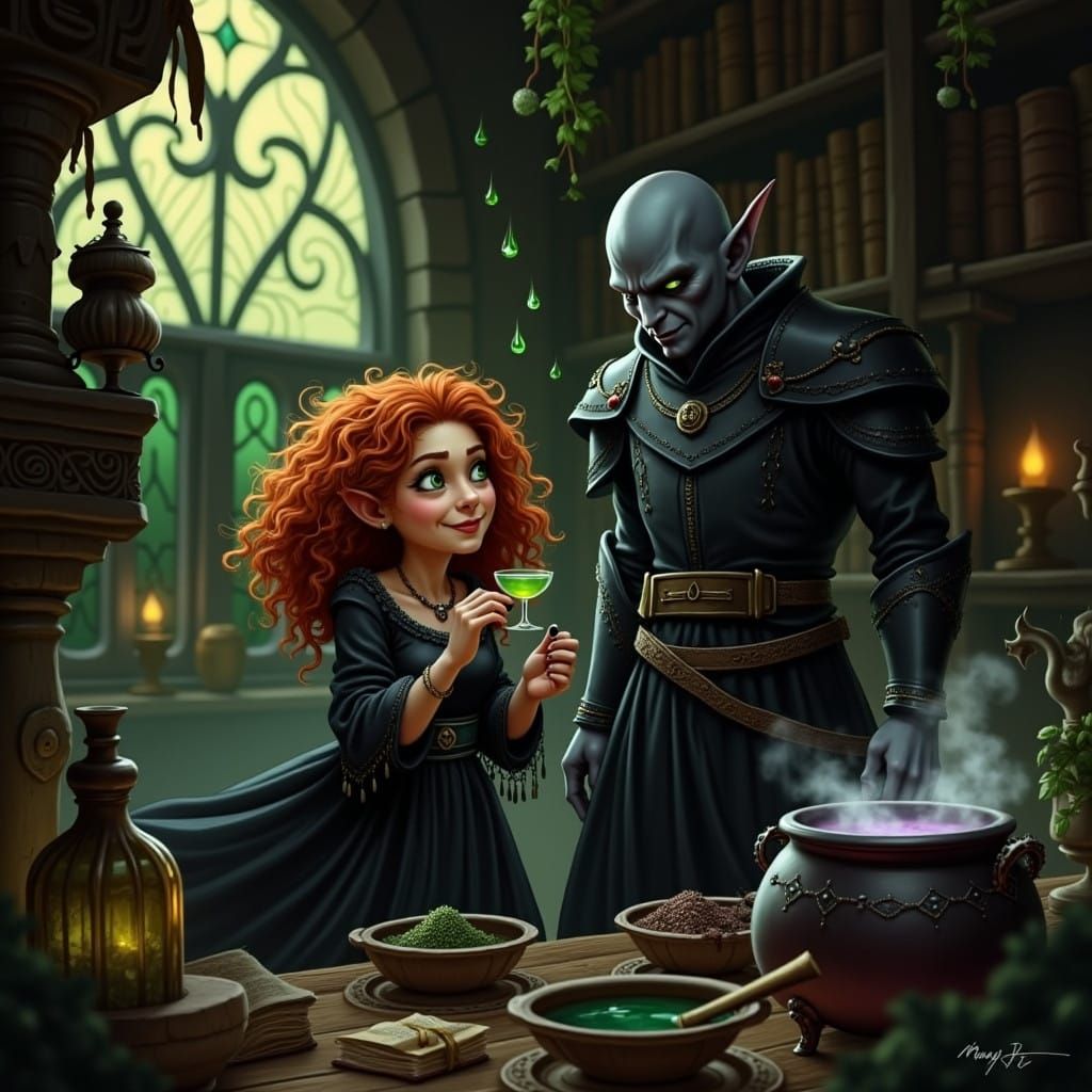 Mystical Halfling Enjoys Dark Magic Potion in Whimsical Cham...