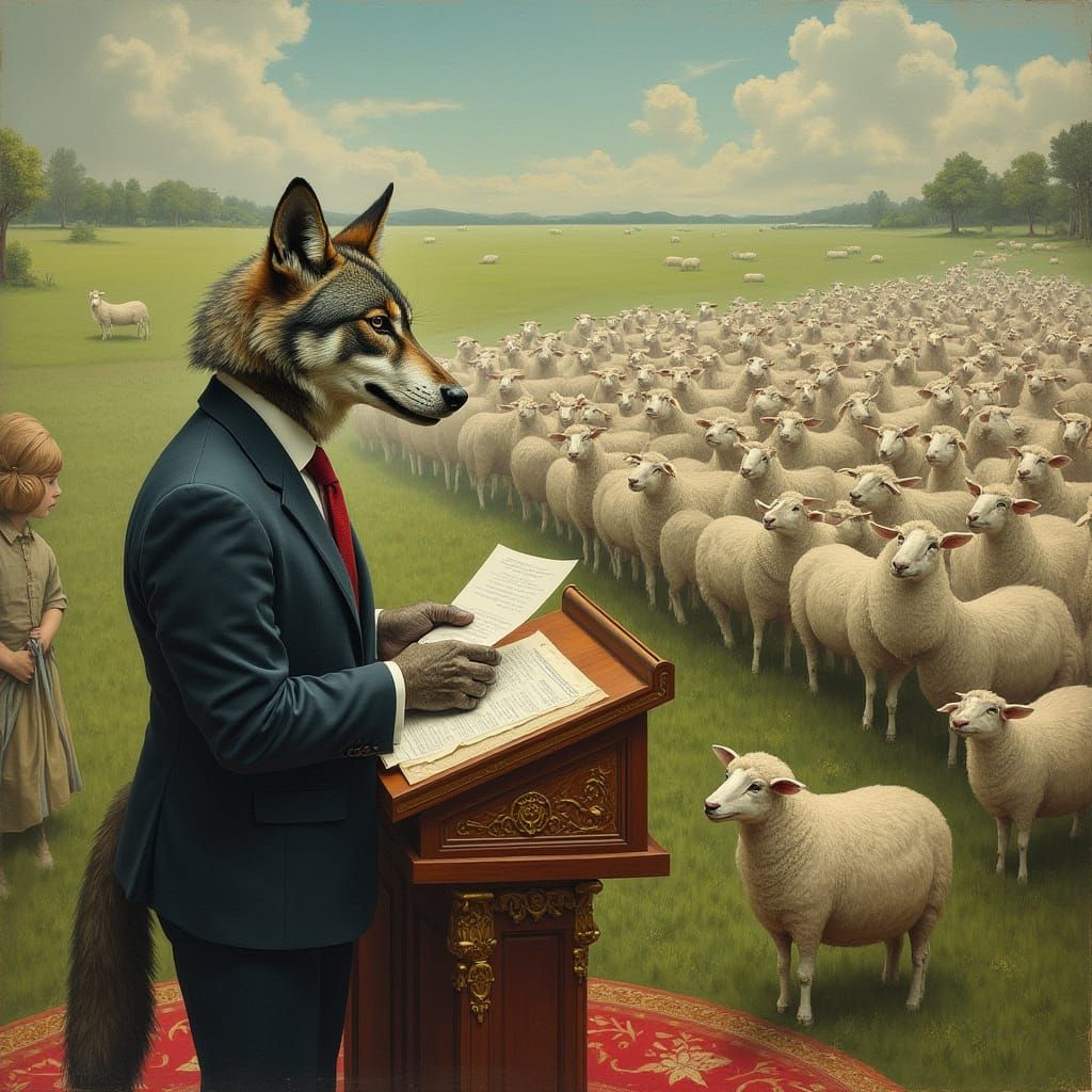 Wolf Delivers Speech to Sheep Crowd in Satirical Style