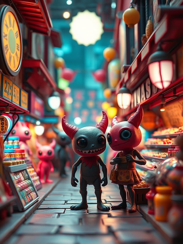 CG-like texture toy town figure. A pop nightmare night market, a worldview based on a "slightly exaggerated" fantasy wor...