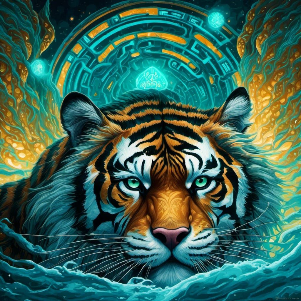 Tiger Guardian of Bioluminescent Portal: Fantasy Art