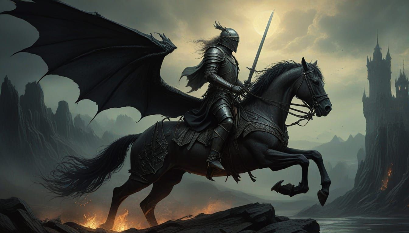 Medieval Knight Engages Dragon in Whirlwind Battle