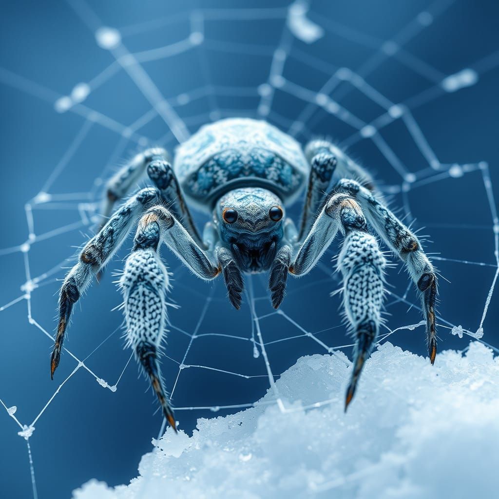 Photorealistic Winter Spider Spins Icy Web in Frosty Atmosph...