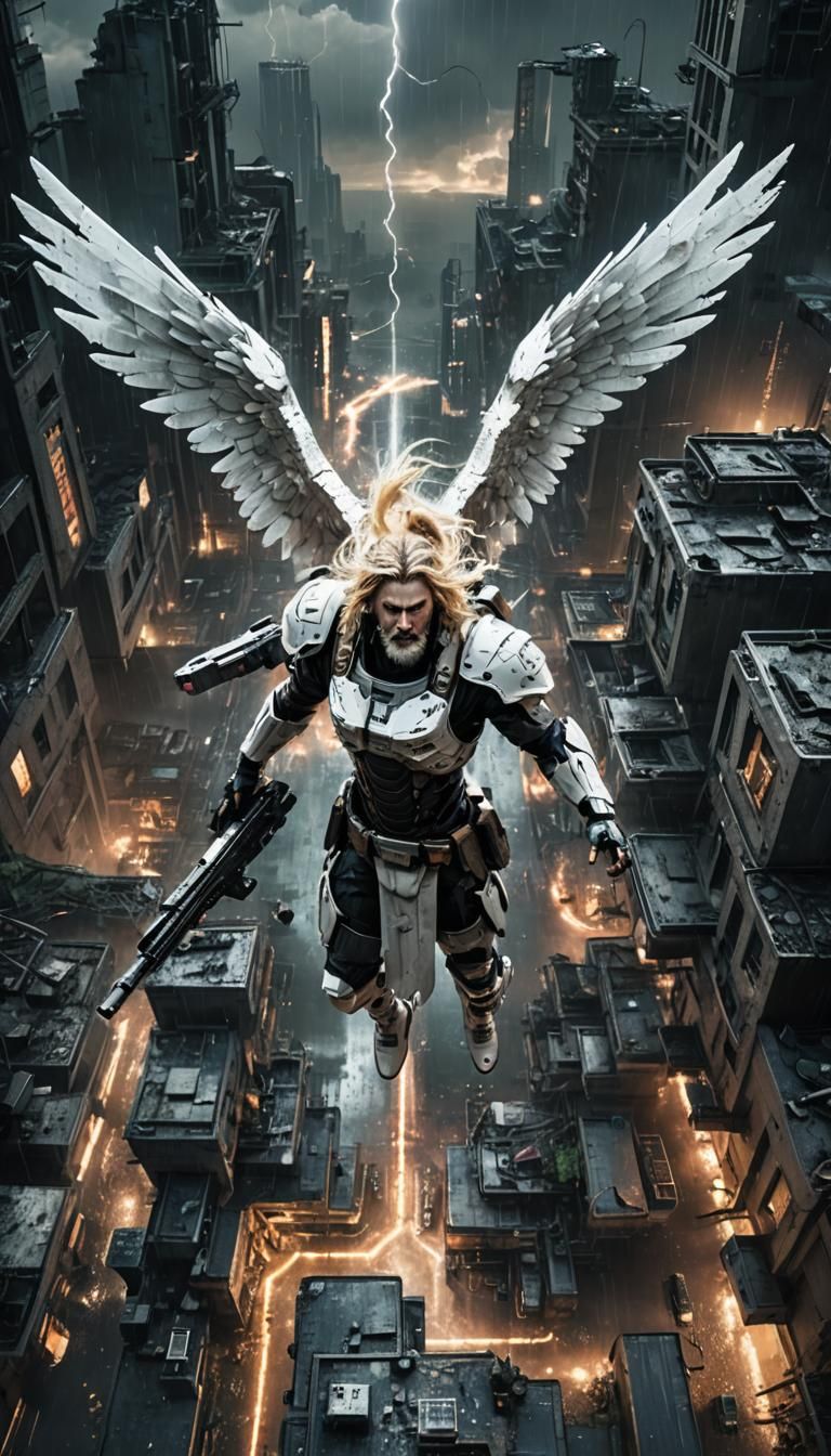 Cyberpunk Angel Soaring Over Ruined City at Night