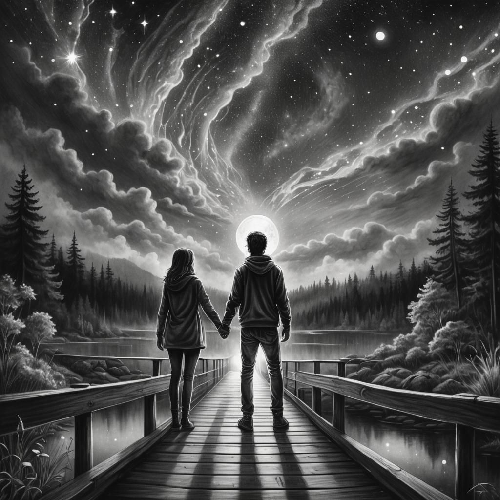 Couple Gazing at Cosmic Night Sky Charcoal Drawing
