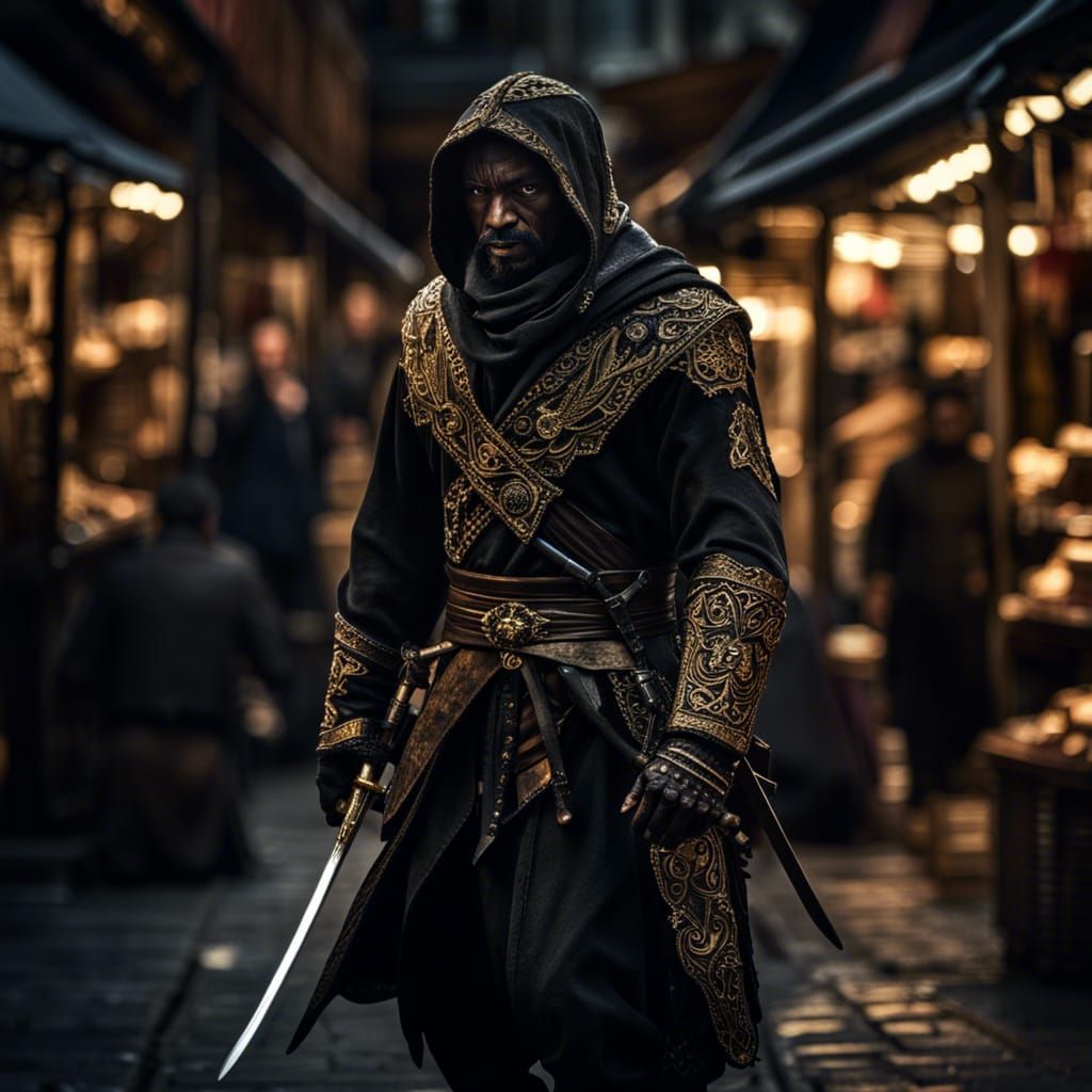 Medieval Assassin in Naples Market, Hyperrealistic