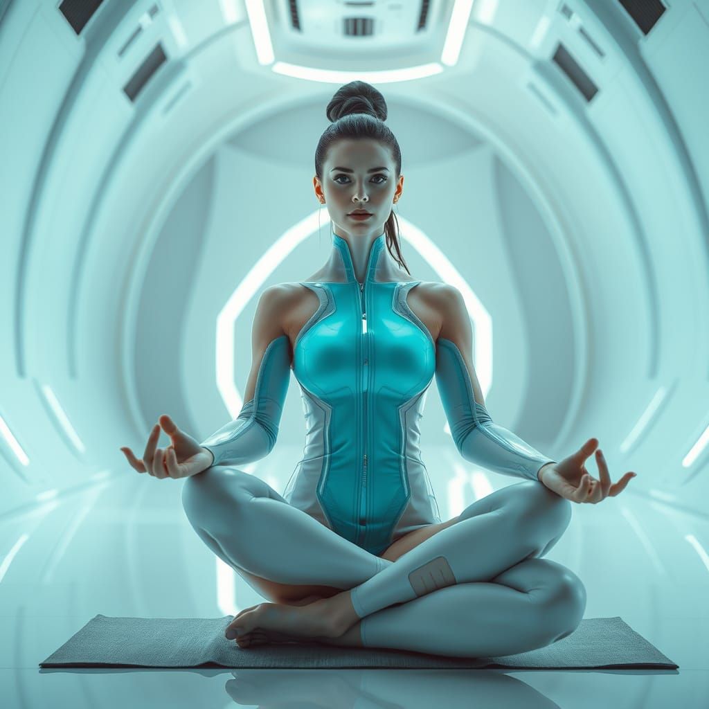 Futuristic Princess Meditates in Neon White Room
