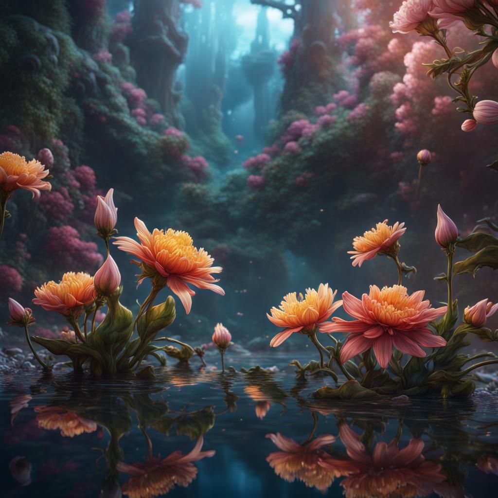 Detailed Flowers Reflected in Water: Fantasy Concept Art