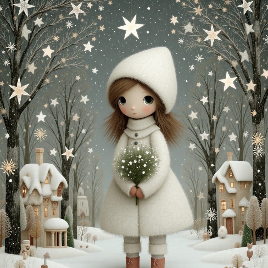 Christmas Village with Woman in Fur Coat, Surreal Style