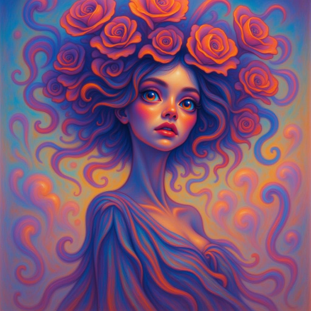 Woman Surrounded by Swirling Blooms in Dreamscape