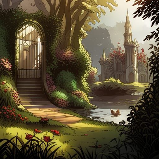 High Gothic Victorian Garden in Comic Book Style