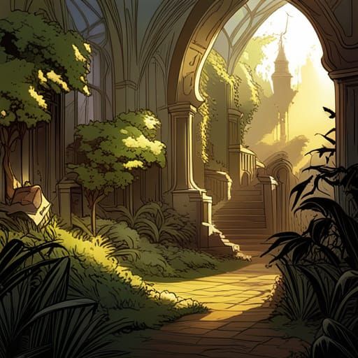 Sunlit Victorian Gothic Garden with Lush Flowers