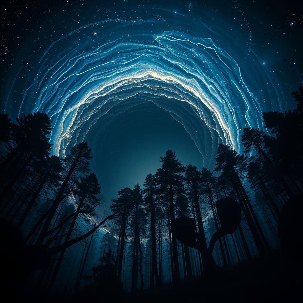 Cosmic Vortex: Black Hole's Gravity Warps Forest Night Sky