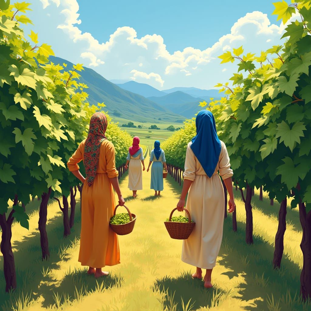 Women in a Vibrant Vineyard Landscape with Cubist Geometric ...