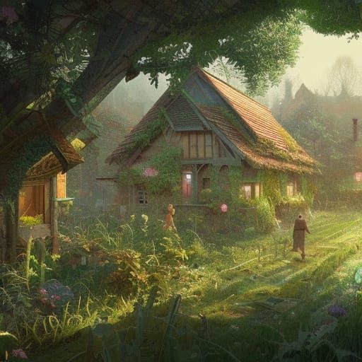 Cozy Solarpunk Garden Village in Digital Illustration