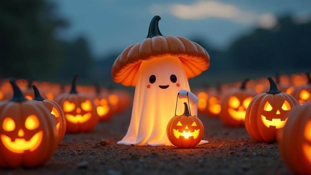 Adorable Phantom in a Glowing Pumpkin Patch at Dusk