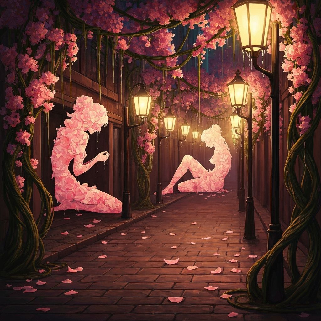 Surreal Alley with Shimmering Vines and Art Nouveau Silhouet...