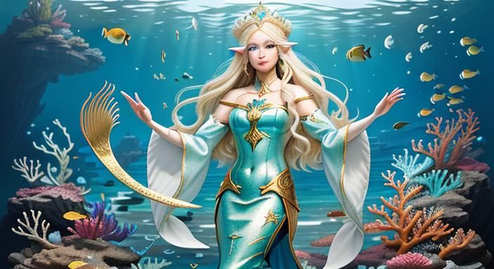 Porcelain Mermaid Empress in Cyan and Gold