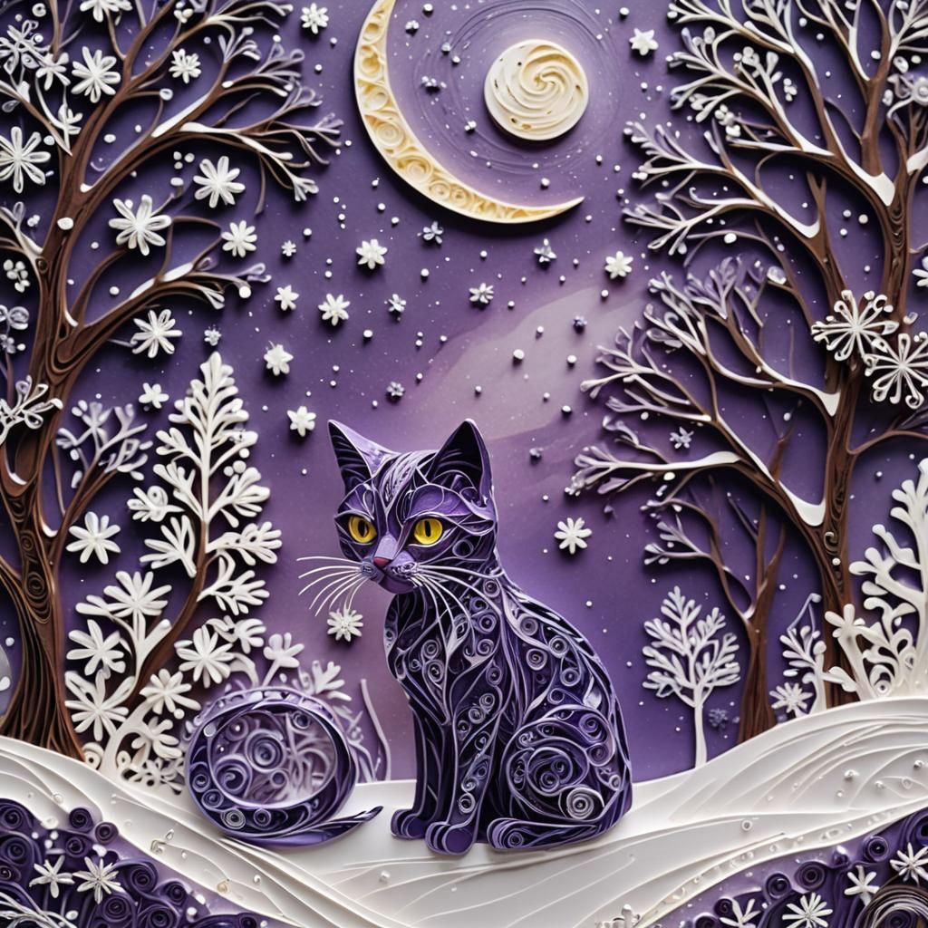 Ethereal Purple Cat Under Full Moon