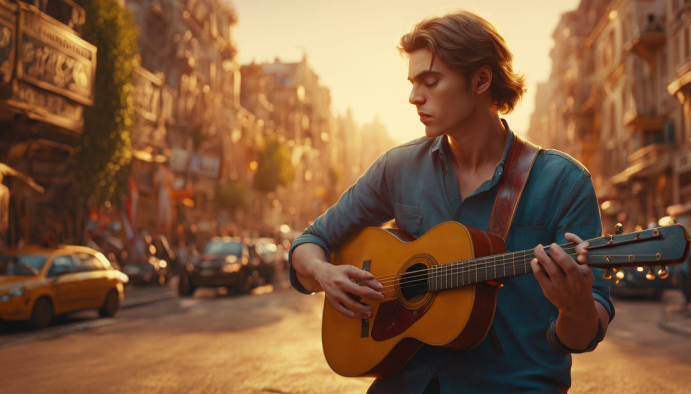 Hyper-Realistic Musician in Golden Hour