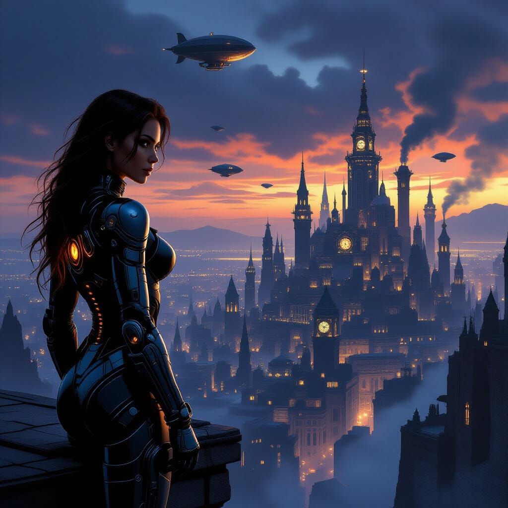 Bionic Woman Overlooking Steampunk City in Baroque Style