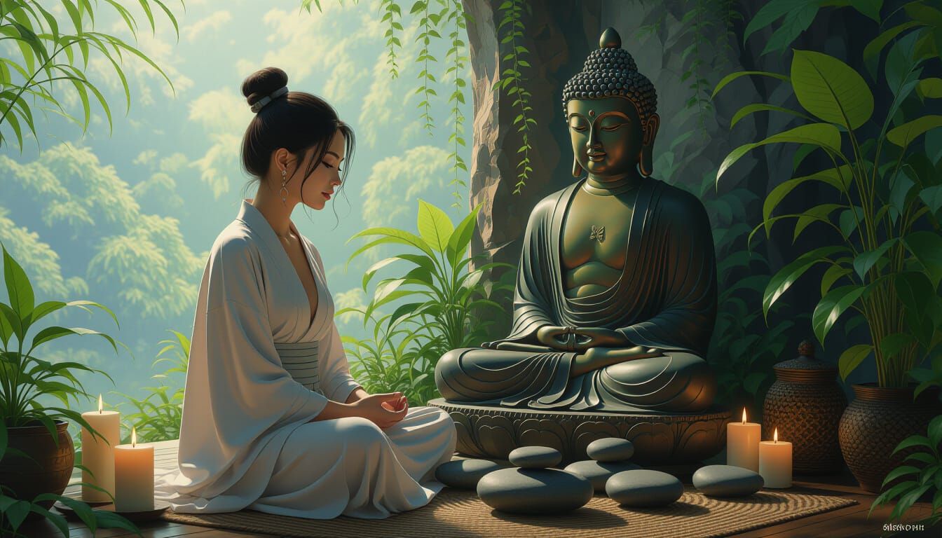 Zen Meditation: Serene Woman Amidst Buddha Statue and Candle...