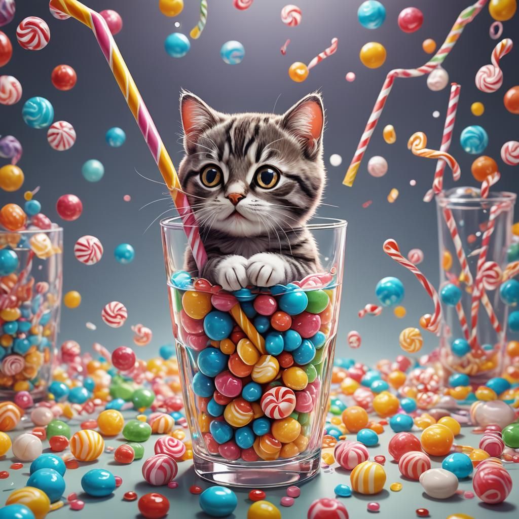 Tiny Cat Sipping in Campaign Glass: Candy Art